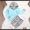 Satser Baby Maternity Drop Leverans 2021 Småbarn Born Baby Boy Girl Clothes Långärmad Hooded T-shirt Toppar Striped Pant 2PCS Outfit Kids Clothi