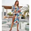 Sexy Bikini Cover-Ups Cotton Tunic Boho Stampato Summer Beach Dress Beach Elegante Donne Plus Size Wear Swim Suit Cover Up Q1119 210420
