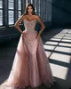 Gold Rose Ball Gown Bandeau Sequins Beaded Sexy Detachable Trailing Lace Satin Floor Length Custom Made Plus Size Club Skinny Wedding Guest Dresses