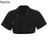 Neploe Belly-Button Blazer Women Solid Fashion Notched Collar Short Sleeve Coats Casual Buttons Chain Female Tops 1C788 210423