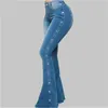 Pantalones vaqueros acampanados de cintura alta de algodón azul para mujer, pantalones vaqueros ajustados sexis con remaches, pantalones acampanados de mezclilla de calidad para mujer 211129