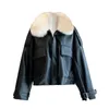 Kış Kadın Kürk Yaka Kış Doğal Koyun Coat Siyah Haki Sıcak Kore Polar Faux Deri Ceket Boy 211130