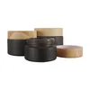 5/10/15/20/30/50g Frosted Black Glass Refillable Cosmetic Jars Empty Cream Lip Balm Storage Container Pot With Wood Grain Lids