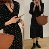 Nomikuma Vintage Lover Heart Drukowane Midd Cielę Sukienka Kobiety V Neck Długi Rękaw Slim Talia Linia Sukienki Koreański Vestidos 3E107 210514