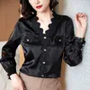 Koreanische Seidenblusen Frauen Stickerei Hemd für Langarmhemden Elegante Frau V-Ausschnitt Spitze Tops Plus Größe 210427