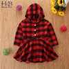 Vêtements pour enfants européens américains Automne Girl Plaid A-Line Robe Mode à manches longues à capuche simple 210611