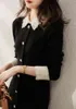 Dames Single Breasted Turn Down Collar Gebreide Black Sweater Lente Lange Mouw Elegante Slanke Bodycon Knie Mermaid Jurk G1214