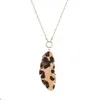 Leopard Print Leather Leaf Pendant Necklace Long Chain Sweater Necklaces