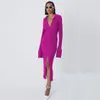 Kvinnor Bodycon Sticke Dress Lady Single Breasted Lanter Sleeve Elegant Female Wid Down Collar Mid Splim Dresses Autumn