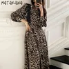 MATAKAWA LEOPARDプリントMIDIドレス女性韓国シックなファッションスタンドアップカラーレースFemme RobeステッチハイウエストVestidos 210513