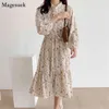 Vestidos Herbst Frauen Kleid Vintage Hohe Taille Elegante Midi Floral Langarm Bogen Maxi ES für 8840 210512