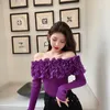 Autumn new design women's sexy 3D flower patchwork slash neck off shoulder knitted bodycon tunic shirt tops tees