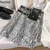 Neploe Zebra Striped T Shirts Kvinnor med fickor Sommar Koreanska Robe Vintage Mini Faldas Mujer Moda Bodycon Chic Jupe 95127 210422