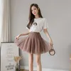 Girly Tutu Skirts Women Sexy Mini Spring Summer Pleated Solid Pink Mesh Skater High Elastic Waist Saia Mujer 210601