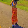 2021新しいファッション夏の女性のスカート女性のハイウエストボホビーチオレンジミディ花柄プリントパーティーホリデーカジュアルな服Y2K X0428