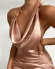 Vrouwen Sling Gold V-hals Sexy Halter Jurk Strakke Sex Dameskleding Satijnen Slip Mini Jurken Bruine Holle Backless Bandjes Avond