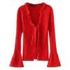 French Ruffles V neck Lacing up Strappy Knitted Cardigan Sweater Woman Flare sleeve Short Jumper kleding jerseis mujer 210429