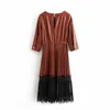 Винтажное кружево искусственное кожаное платье женщины зима o шея плиссированные миди повседневные женские en корейский vestidos 210521