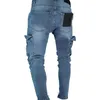 Jeans pour hommes poche déchirée bleu couleur unie pantalon en Denim hommes mince mode haute rue motard jean mâle pantalons longs crayon pantalon jean