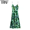 TRAF Women Chic Fashion Tropical Print Midi Camisole Dress Vintage Backless Side Vents Thin Straps Female Dresses Mujer 210415