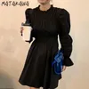 Matakawa Wiosna Stand-Up Collar Vestido De Mujer Korea Ruffles Femememam Robe Szycie Fold Waist Flare Rękaw Sukienka Kobieta 210513