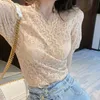 Koreański styl V Neck Krótki rękaw Koronki Top Kobiety 2021 Summer Casual Hollow Out Eleganckie Damskie Topy i Bluzki Koszulki damskie