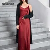 Nevererf Summer Women Sundresses Long Slip Spaghetti Strap Sexig Burgundy Satin Maxi Dress 210415