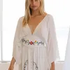 Bohemian Long Kimono Dress Floral Embroidery Vestidos Batwing Sleeve white Boho People Maxi es 210520