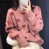 Imitation Water Velet Print Winter Clothes Pink O Neck Pullover Heart Pattern Sweater Women Warm Long Sleeve Sueter 47733 210422