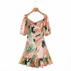 Spring Women Flower Print Chiffon Sexig Hollow Out Drawstring Waist Mini Day Dress Party 210514