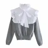 Kvinnor står krage Bow Tie Ruffle Splicing Stickning Tröja Kvinna Långärmad Pullover Casual Lady Loose Topps SW987 210430