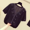 spring summer Ice silk V neck short sleeved sweater bottoming shirt Lotus leaf decoration women s loose thin pullover 210507