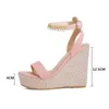 Böhmen String Perlen Frauen Strand Sandalen Keil High Heels Plattform Schuhe Knöchel Riemen Große Größe 34-48 Rosa Blau weiß OL