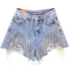 Frühling Sommer Diamant Quasten Denim Shorts Frau Alle-spiel Dünne Hohe Taille Jeans Einfarbig Fransen frauen