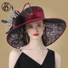 FS Pink Wide Brim Hats Hat For Women Elegant Church Purpe Big Feather Fedora Ladies Wedding Tea Party 210608