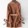 Women's Fur & Faux 2021 Fashion Autumn Women High Quality Wool Leather Coat Chic Pockets Belt C560