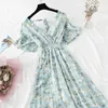 Летние старинные цветочные шифоновые длинные платья сексуальное V-образным вырезом рюшами Boho платья 2021 элегантные женщины вечеринки с коротким рукавом платье Vestidos Y0603