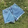 Qoerlin retro rasgado verão mulheres largura perna azul shorts jeans casuais streetwear feminino solto jeans de borla sólida shorts plus size 210412