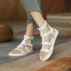 Meotina Gladiator Shoes Women Genuine Leather Sandals Flat Buckle Sandals Round Toe Cow Leather Lady Footwear Summer Black 210608