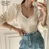 Elegant Bomull Kvinnor Ruffles Toppar Spring Square Collar Blouse Plissed T Shirts Puff Sleeve Lady Chic Blouses 12904 210417