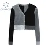 Patchwork Irregular Emenda Cardigan Crop Sweater Mulheres Manga Longa V Neck Streetwear Slim Knitwear Elegante Chic Knit Tops 210417