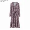 Women Vintage V Neck Floral Print Bow Tied Sashes Midi Dress Female Chic Long Sleeve Ruffles Party Vestido DS4974 210420