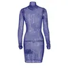 Kvinnor Klänning Skriv ut Bodycon Slim Fit Clubwear Party Turtleneck Mesh Hollow Out Långärmad Elegant Ladies Kläder 210522