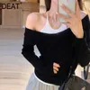 Asymmetrical Collar One Shoulder Long Sleeve Fake Two-piece T-shirt Solid Color Patchwork Knitted Spring GX684 210421