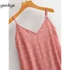 Vintage Polka Dot Sexig Sling Klänning Kvinnor Ärmlös V Neck Hem Ruffle Kvinna Holiday Sommar Casual Beach Dresses Short 210514