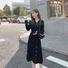 Women Knitted Slim Dress Long Sleeve V-neck Buttons Lace-up Korean Fashion Dresses Spring Autumn Casual Vestidos Mujer 210513