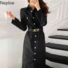 Neploe Abito moda coreano per donna Temperamento Colletto rovesciato Abiti Cintura monopetto PU Abiti eleganti Donna 4G320 210422