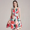 S-XXL Sommargul Camellia Blommig Tank Kvinnor Elegant V-Neck Flower Print Elastic Waist Holiday Beach Mini Dress 210416