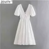 Kvinnor Söt Peter Pan Collar Hollow Out Broderi Casual Slim White Midi Dress Femme Chic Puff Sleeve Vestido DS8266 210416