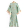 Säljer vintage boho blommigt tryck Long Kimono Cardigan Summer Tops Belted Beachwear Vestido Blusas Mujer 220122